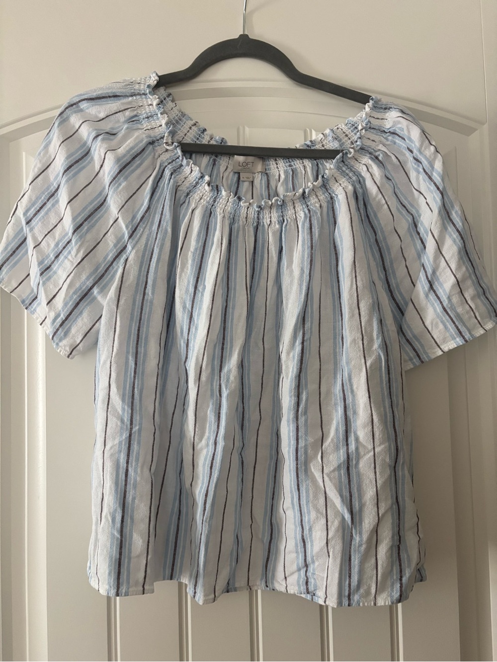LOFT Light Blue & White Striped Smocked-Neck Peasant Top